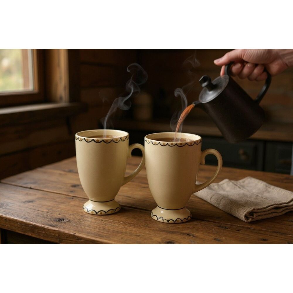 California Pantry Tall Coffee Mug 16 oz Set of 2 Beige Artisan Painted Footed